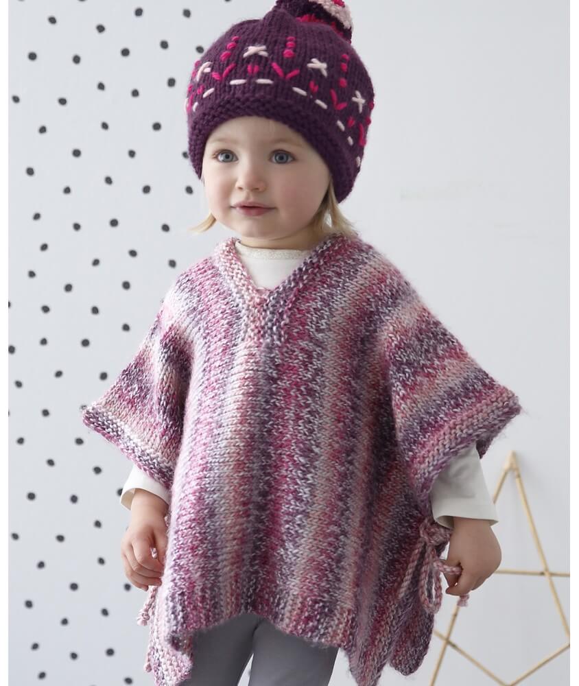 Poncho fille Madisson en laine pétunia, point mousse et jersey - Patron tricot Phildar - modèle fini