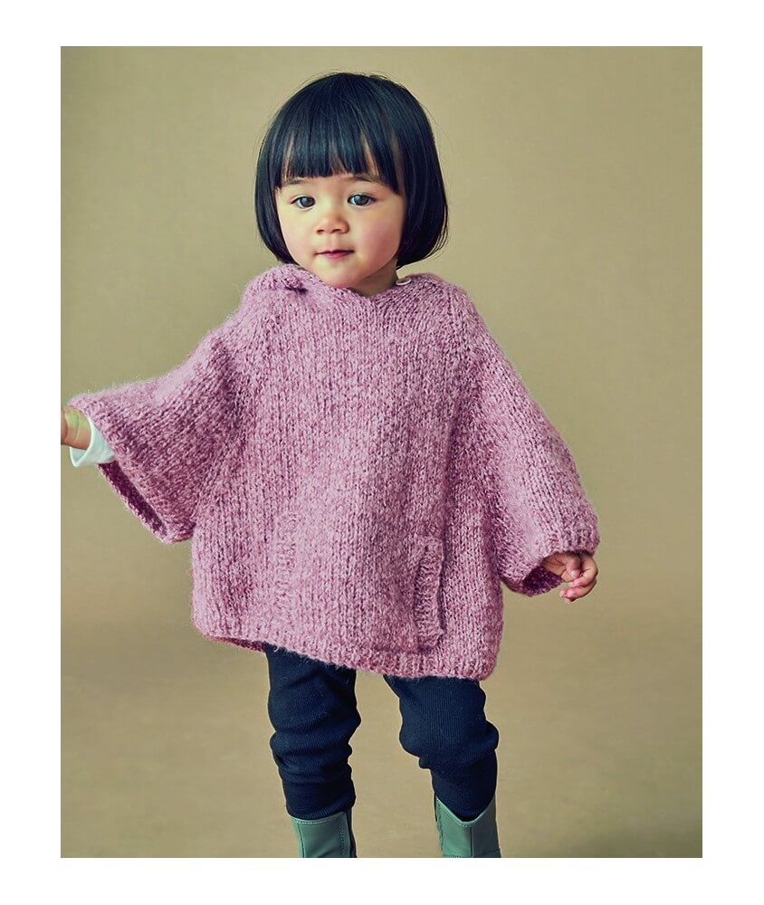 Poncho fille Thiphène en mohair rose thé et bouclette gazelle - Patron tricot Phildar - modèle fini