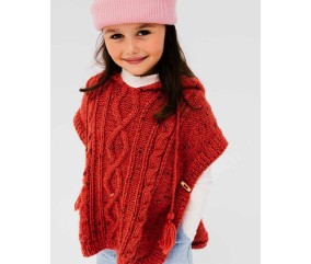 Poncho fille Téa en laine tweedée blush, torsades centrales - Patron tricot Phildar - modèle fini