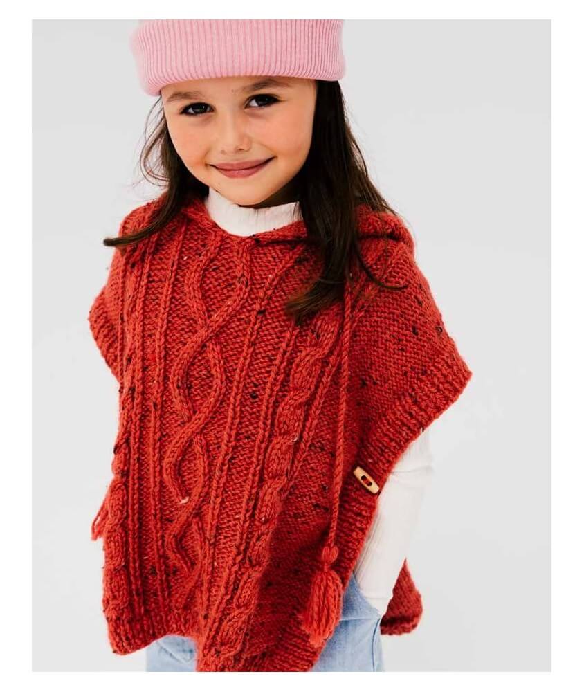 Poncho fille Téa en laine tweedée blush, torsades centrales - Patron tricot Phildar - modèle fini