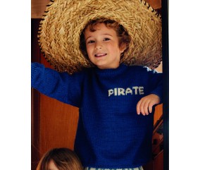 Pull enfant Dimitri en coton marine, jacquard écru sur le devant - Patron tricot Phildar - modèle fini