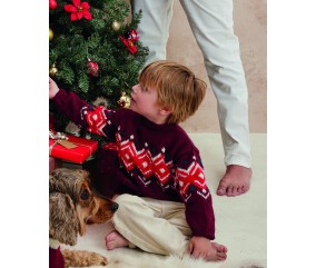 Pull enfant Augustin en laine burgundy, jacquard rouge écru et paon - Patron tricot Phildar - modèle fini