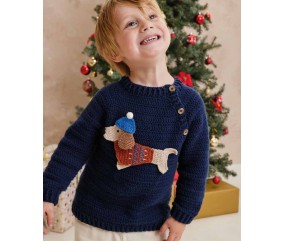 Pull enfant Arsène au crochet, marine avec teckel appliqué - Patron Phildar - modèle fini