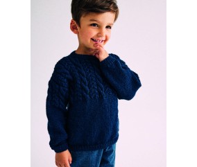 Pull enfant Eddie en laine marine, point fantaisie torsadé - Patron tricot Phildar - modèle fini