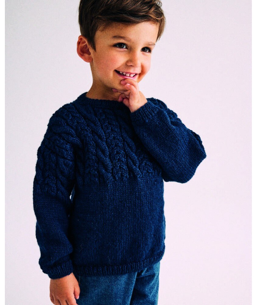 Pull enfant Eddie en laine marine, point fantaisie torsadé - Patron tricot Phildar - modèle fini