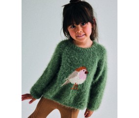 Pull enfant Ernestine en laine tilleul, rouge-gorge en jacquard et broderies - Patron tricot Phildar - modèle fini