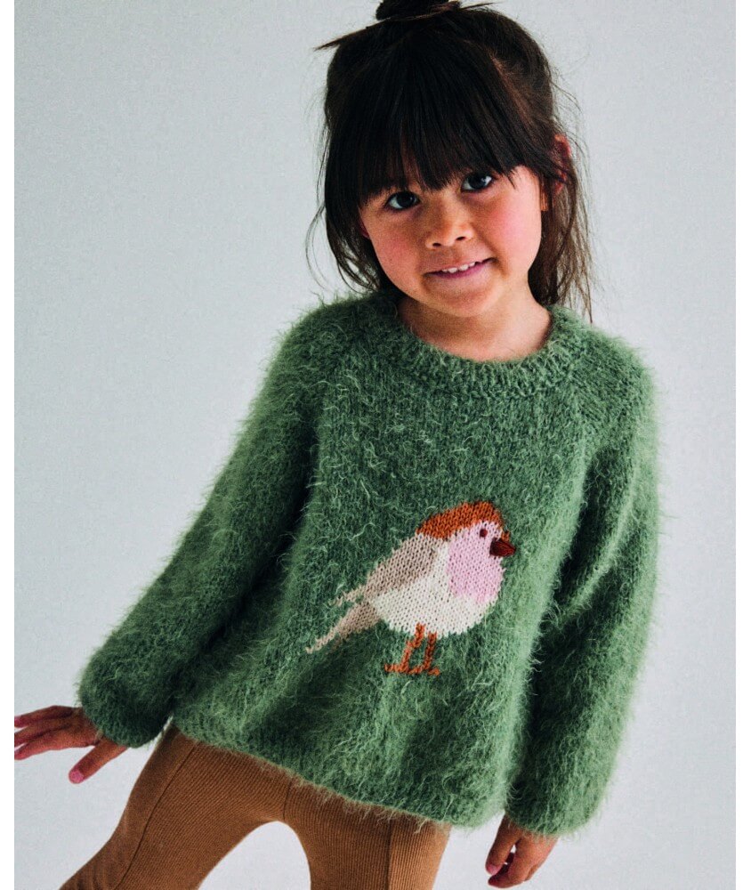 Pull enfant Ernestine en laine tilleul, rouge-gorge en jacquard et broderies - Patron tricot Phildar - modèle fini