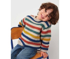 Pull enfant Joseph en laine rayée grège, navy, potiron, paon et ambre - Patron tricot Phildar - modèle fini