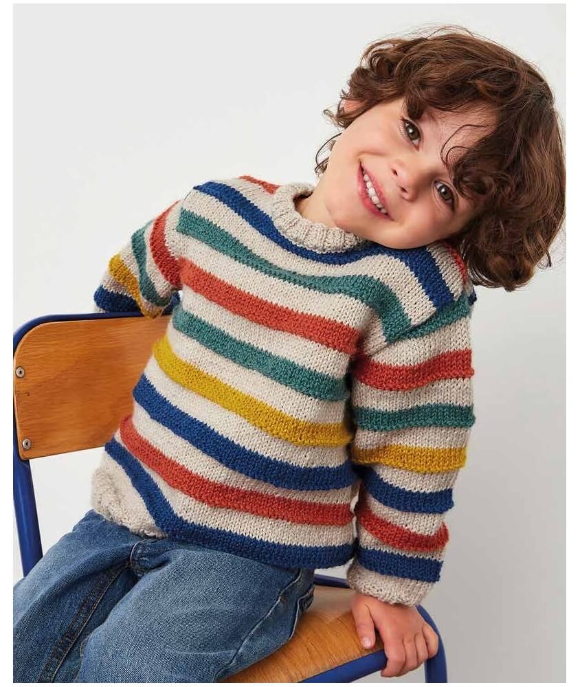 Pull enfant Joseph en laine rayée grège, navy, potiron, paon et ambre - Patron tricot Phildar - modèle fini