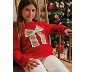 Pull fille Anaëlle au crochet, rouge avec grand nœud craie - Patron Phildar - modèle fini
