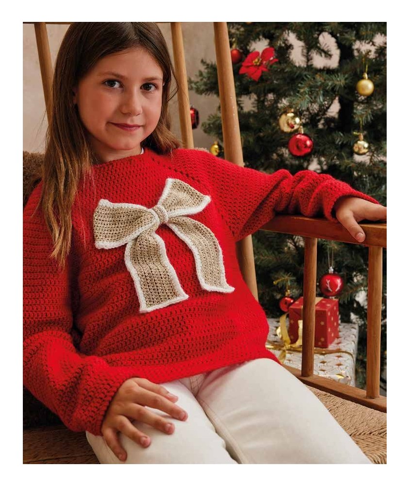 Pull fille Anaëlle au crochet, rouge avec grand nœud craie - Patron Phildar - modèle fini