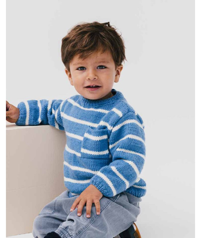 Pull bébé Oskar en laine rayée océan et écru - Patron tricot Phildar - modèle fini
