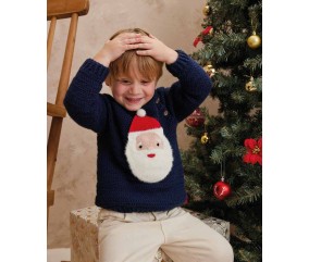 Pull enfant Arsène au crochet, marine avec père Noël appliqué - Patron Phildar - modèle fini