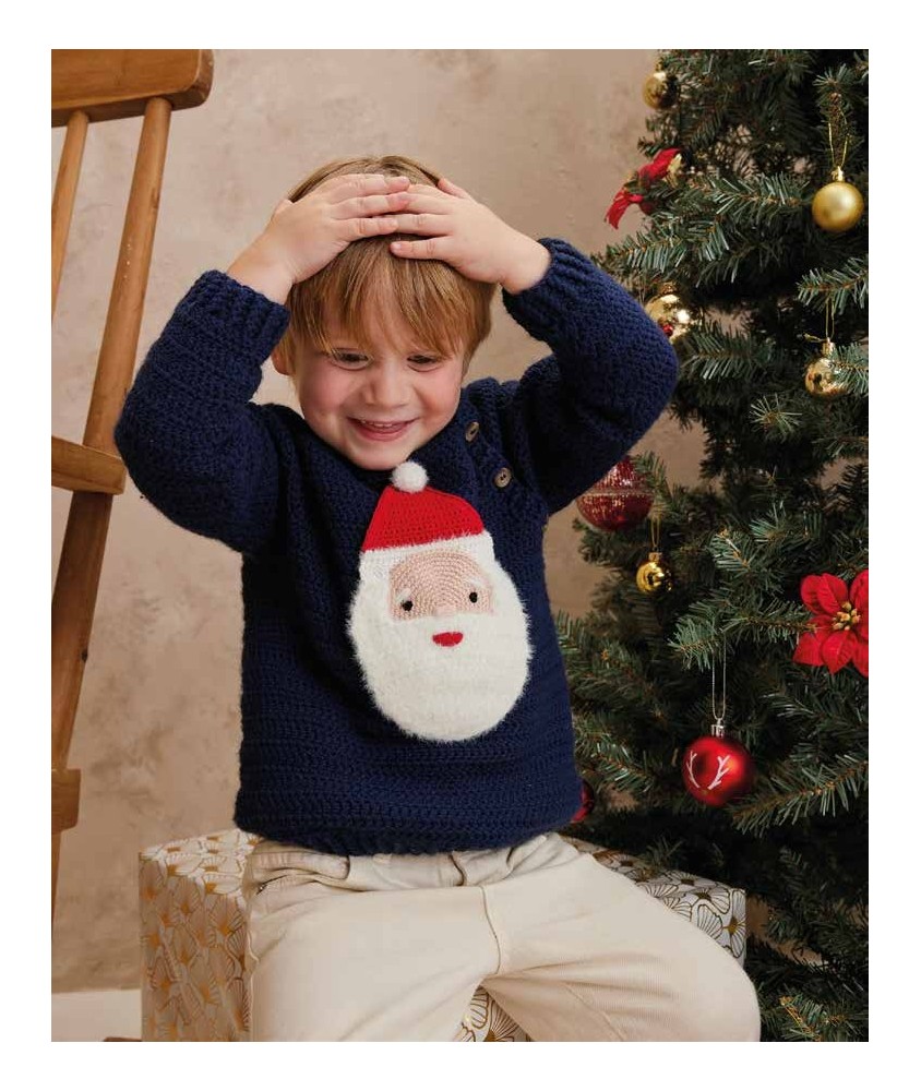 Pull enfant Arsène au crochet, marine avec père Noël appliqué - Patron Phildar - modèle fini