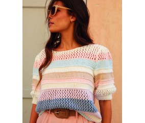 Pull femme Adrienne en coton rayé pastel, point de résille ajouré - Patron tricot Phildar - modèle fini
