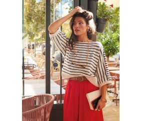 Pull femme Amandine en coton rayé mastic et indigo, manches trois-quarts - Patron tricot Phildar - modèle fini