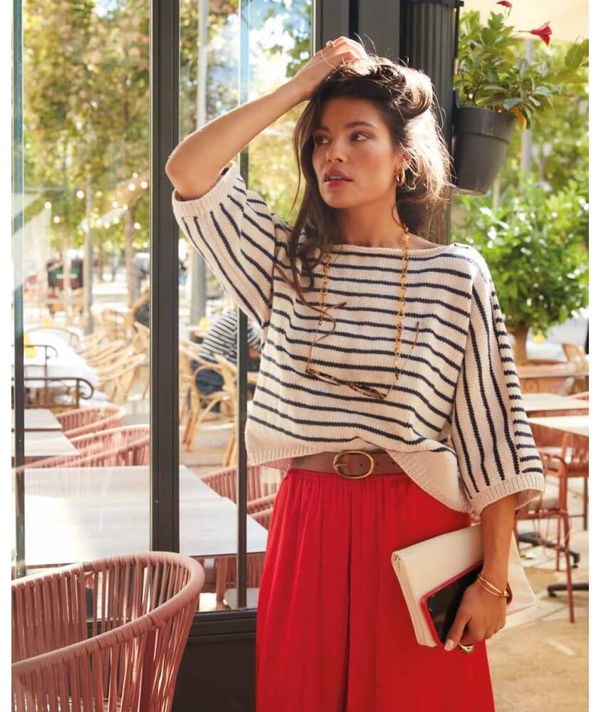 Pull femme Amandine en coton rayé mastic et indigo, manches trois-quarts - Patron tricot Phildar - modèle fini