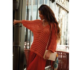Pull femme Aziza en coton et lin vitamine, point ajouré - Patron tricot Phildar - modèle fini
