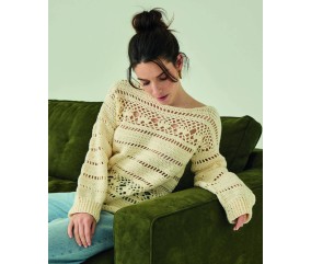 Pull femme Blanca au crochet, coton écru ajouré - Patron Phildar - modèle fini