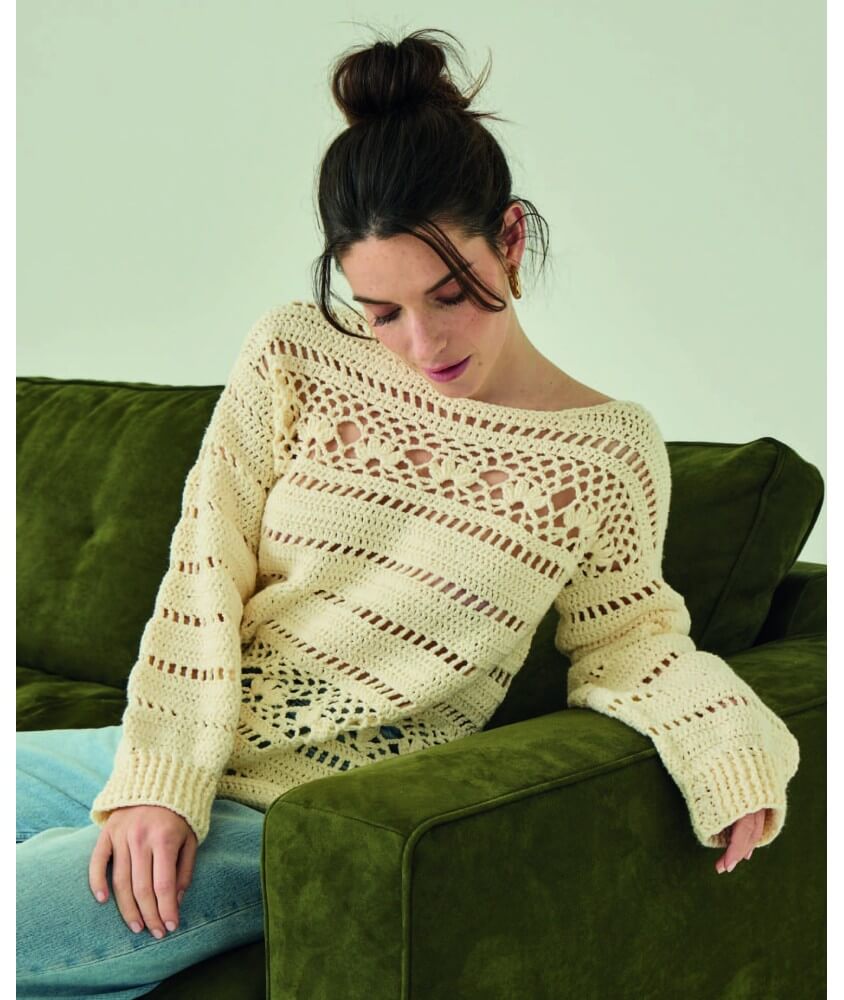 Pull femme Blanca au crochet, coton écru ajouré - Patron Phildar - modèle fini