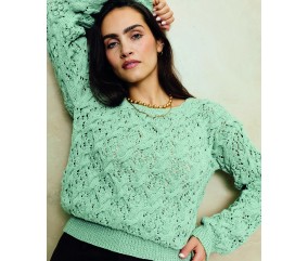 Pull femme Bélaimée en coton et cachemire sauge, point fantaisie ajouré - Patron tricot Phildar - modèle fini