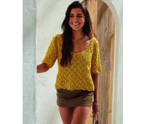 Pull femme Cadaques en coton et lin tournesol, point fantaisie ajouré - Patron tricot Phildar - modèle fini