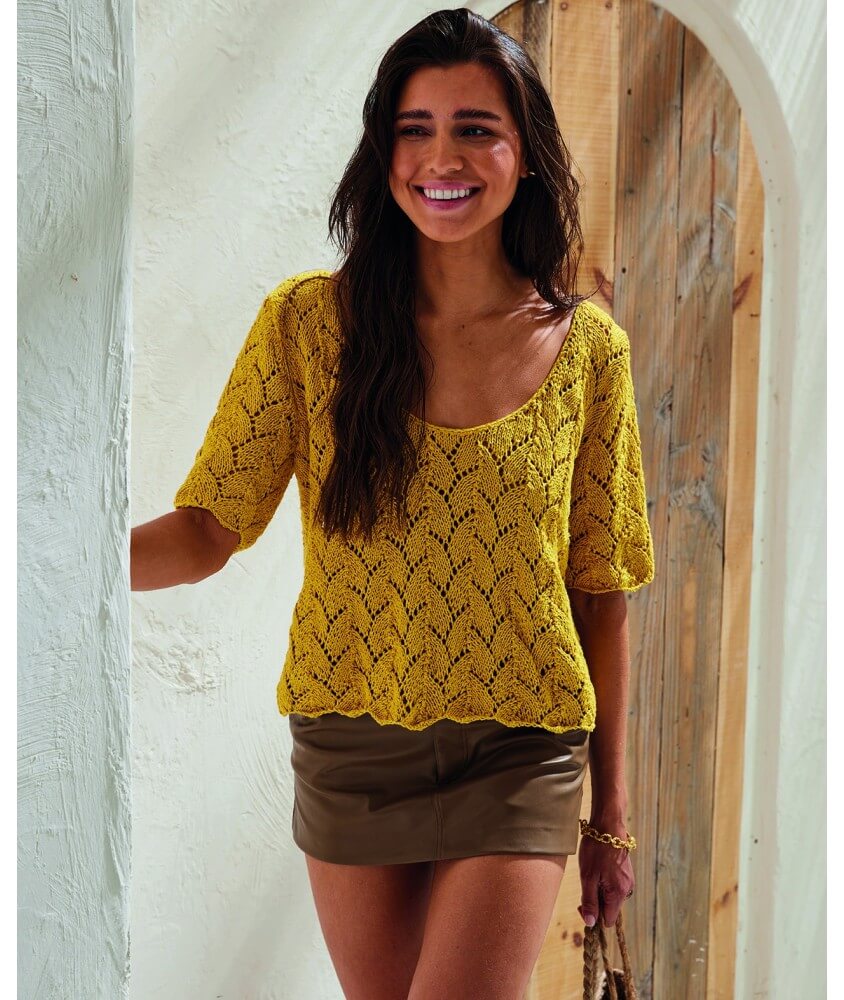 Pull femme Cadaques en coton et lin tournesol, point fantaisie ajouré - Patron tricot Phildar - modèle fini