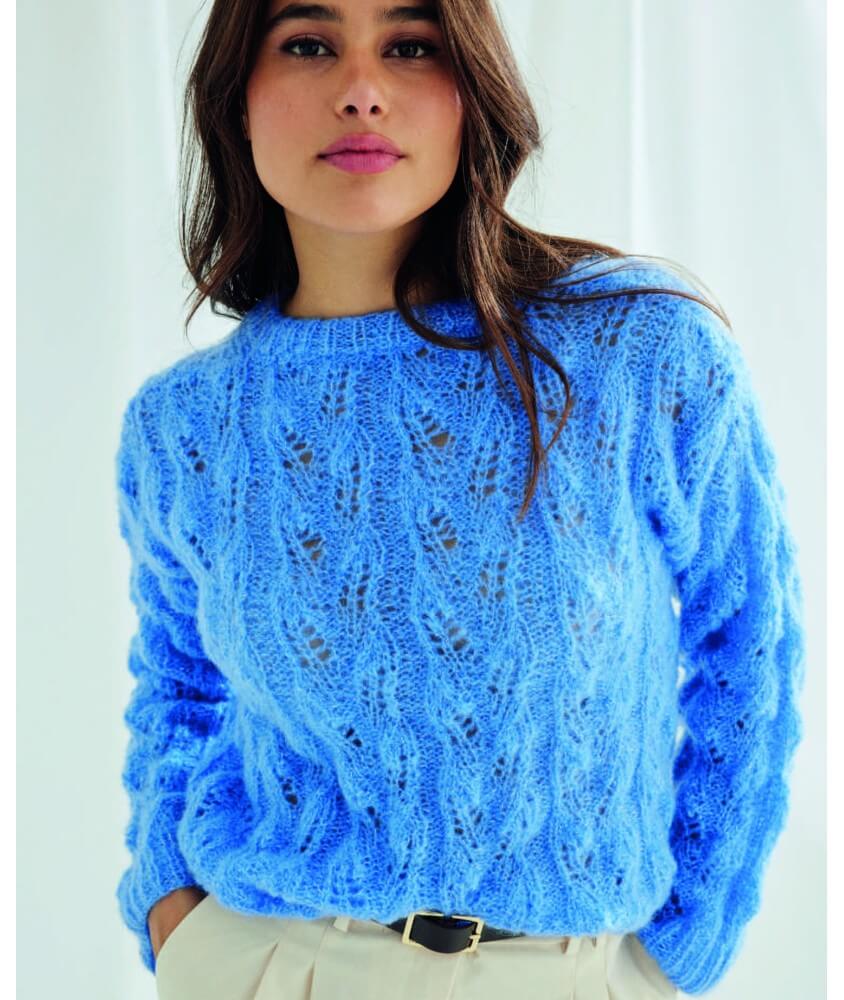 Pull femme Cinthia en mohair lurex faïence, point fantaisie ajouré - Patron tricot Phildar - modèle fini