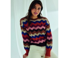 Pull femme Cyrine en coton, chevrons multicolores et fil doré - Patron tricot Phildar - modèle fini