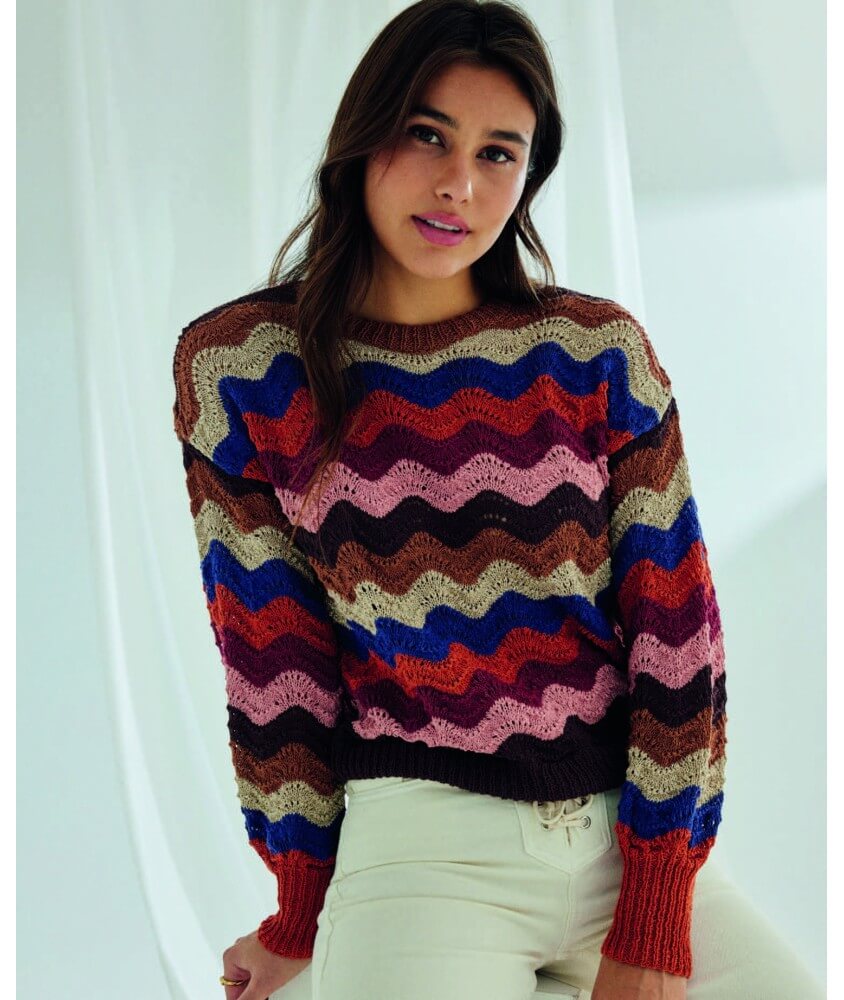Pull femme Cyrine en coton, chevrons multicolores et fil doré - Patron tricot Phildar - modèle fini