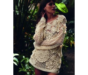 Pull femme Élinor au crochet, coton ivoire et motifs ajourés - Patron Phildar - modèle fini