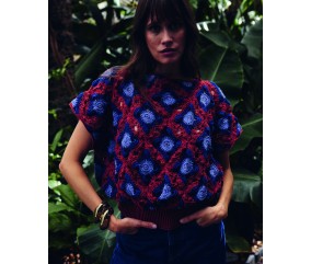 Pull femme Elvira au crochet, grannies acajou, naval et jeans - Patron Phildar - modèle fini