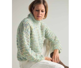 Pull femme Émy en laine mérinos jaune fluo, point fantaisie et col montant - Patron tricot Phildar - modèle fini
