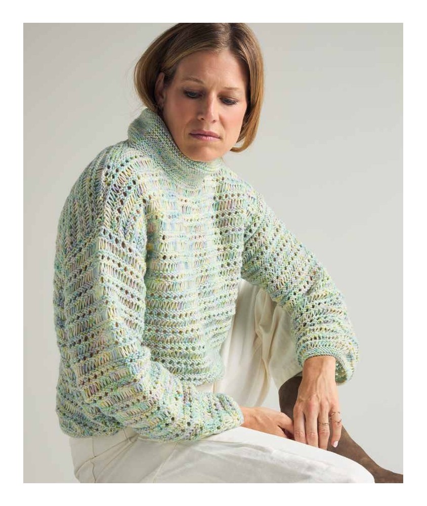 Pull femme Émy en laine mérinos jaune fluo, point fantaisie et col montant - Patron tricot Phildar - modèle fini