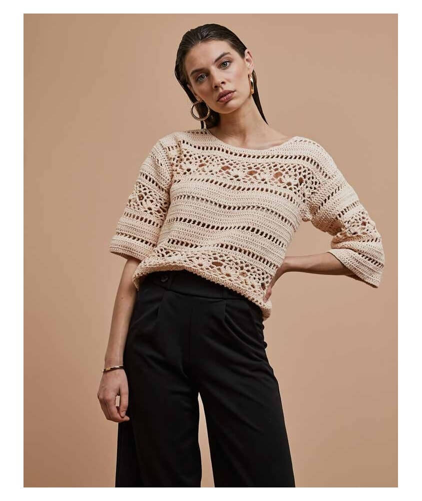 Pull femme Esméralda au crochet, coton coquille ajouré - Patron Phildar - modèle fini