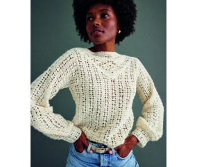 Pull femme Fay au crochet, alpaga écru et brides en relief - Patron Phildar - modèle fini