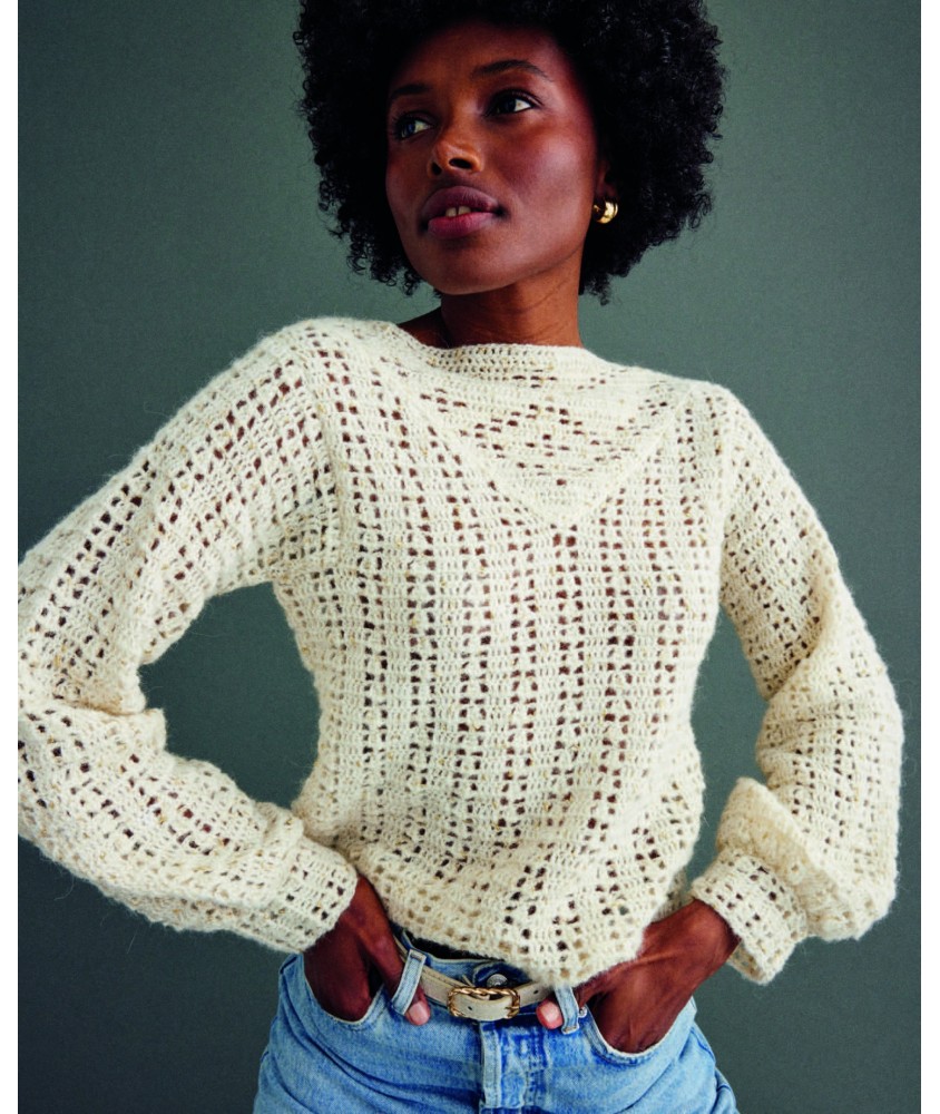 Pull femme Fay au crochet, alpaga écru et brides en relief - Patron Phildar - modèle fini