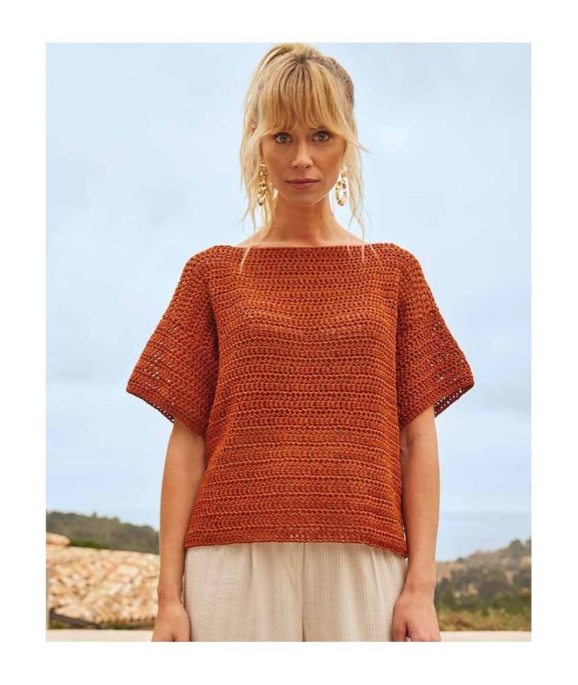 Pull femme Firmine au crochet, lyocell acajou en brides - Patron Phildar - modèle fini