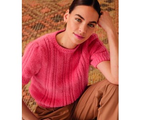 Pull femme Gaëtane rose blush, jersey et panneau de point fantaisie, manches trois-quarts - Patron tricot Phildar - modèle fini
