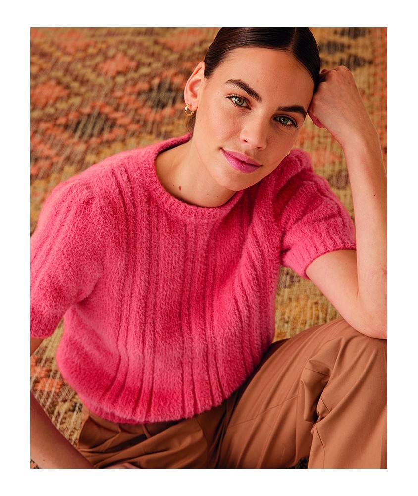Pull femme Gaëtane rose blush, jersey et panneau de point fantaisie, manches trois-quarts - Patron tricot Phildar - modèle fini