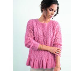 Pull femme Lalie rose en mohair et soie, torsades et points ajourés, basque volantée - Patron tricot Phildar - modèle fini