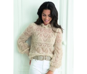 Pull femme Léa écru ajouré en mohair soie lurex, tricoté en fil double - Patron tricot Phildar - modèle fini