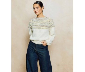Pull femme Oria écru à empiècement circulaire imprimé jaune, tricoté en rond - Patron tricot Phildar - modèle fini