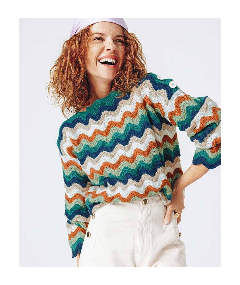 Pull femme Pearl au crochet, chevrons rayés six coloris - Patron Phildar - modèle fini
