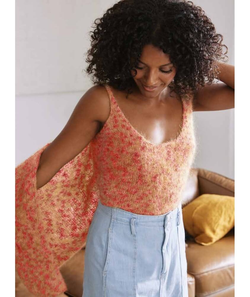 Débardeur Isatis en mohair coquelicot moucheté, bordures en côtes 1/1 - Patron tricot Phildar - modèle fini