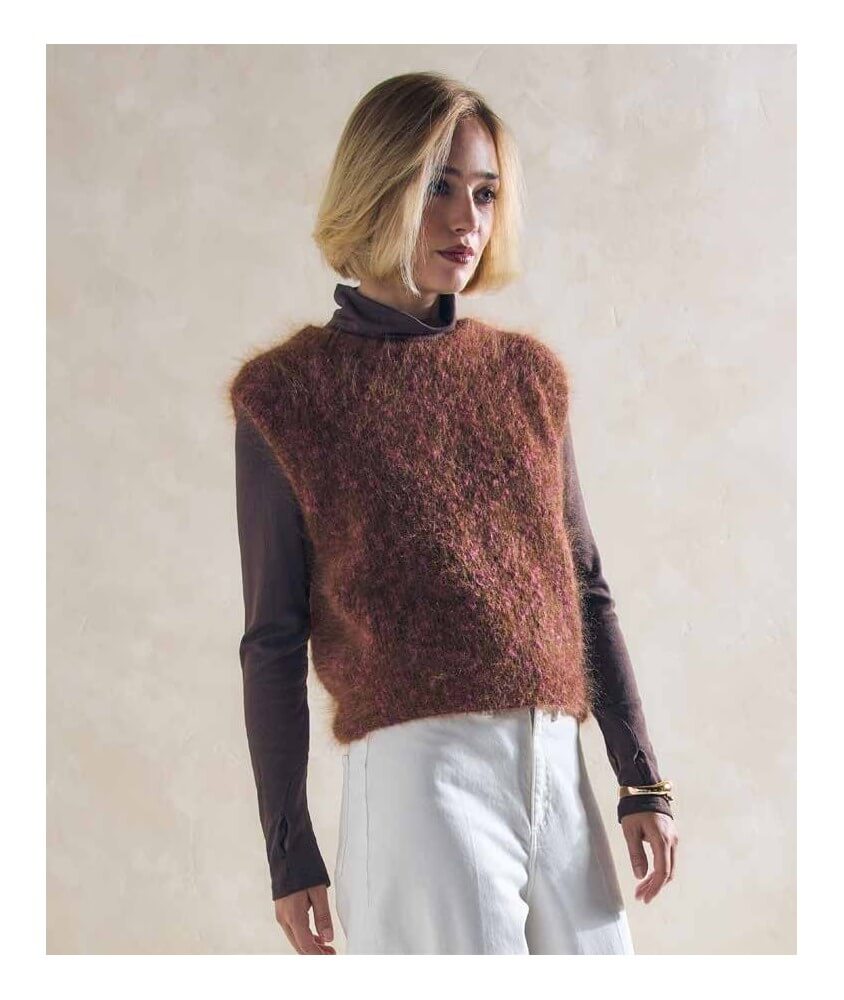 Débardeur Léontine en mohair panthère rose, épaules tombantes - Patron tricot Phildar - modèle fini