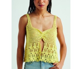 Débardeur Moana au crochet jaune poussin, ajouré et ouvert devant sur un lien - Patron crochet Pingouin - modèle fini