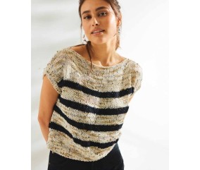 Top Sally rayé écru et noir en fil fantaisie pailleté, manches courtes - Patron tricot Phildar - modèle fini