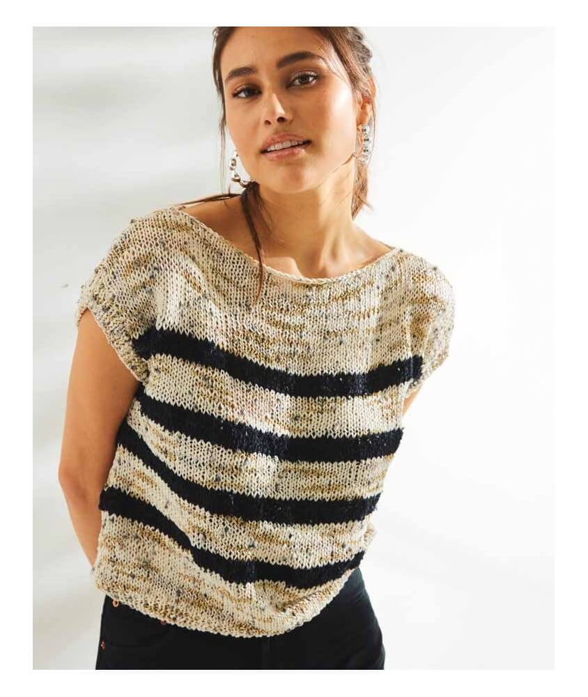 Top Sally rayé écru et noir en fil fantaisie pailleté, manches courtes - Patron tricot Phildar - modèle fini
