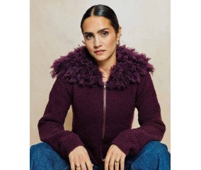 Gilet Brynn prune en point de blé, col en fausse fourrure et fermeture zippée - Patron tricot Phildar - modèle fini